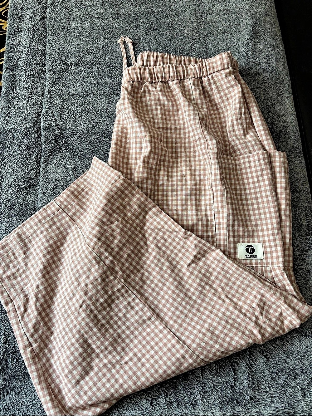 TARSE Womens Wide Leg Gingham Plaid Pants Pink & White XXL